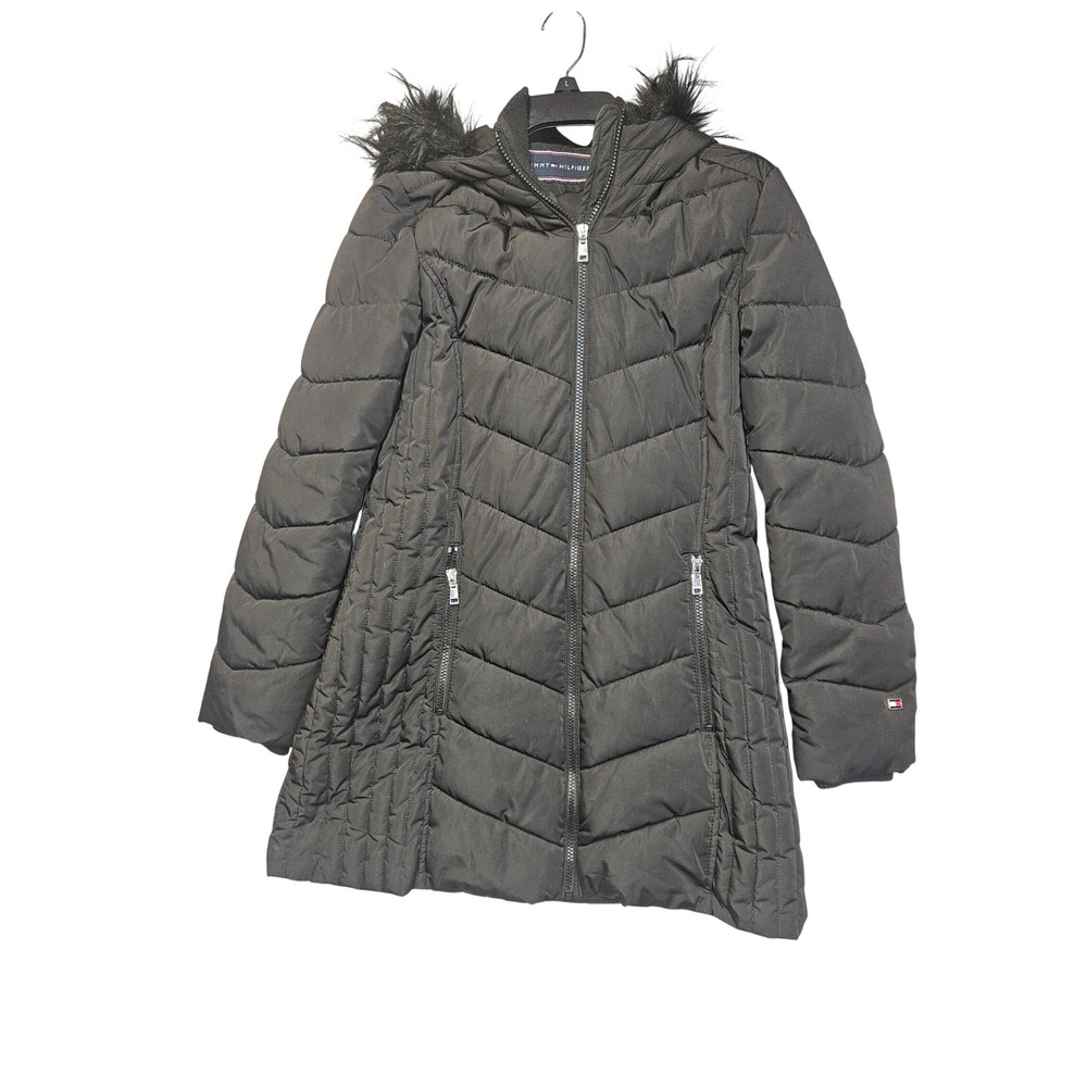 Tommy Hilfiger Womens Black Chevron Quilted Faux Fur Hood Puffer Coat Size S